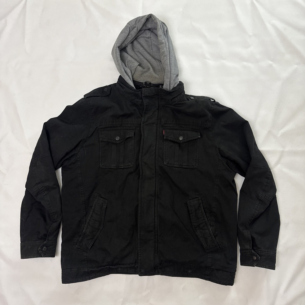 Levis Mens XL Black Sherpa Lined Hooded Field Jacket Military Canvas Coat